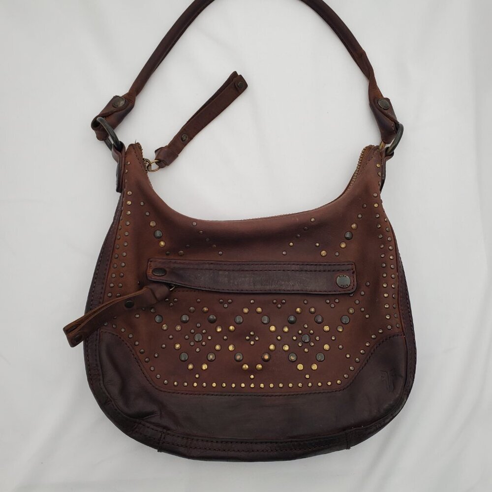 👜 FRYE Vintage Brown Leather Studded Hobo Shoulder Bag Boho